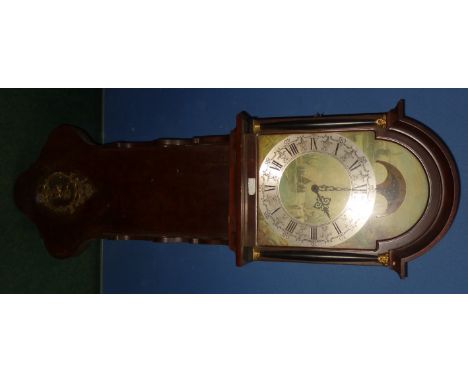 Reproduction mahogany cased tavern style wall clock with mopon dial and painted face with elaborate brass mounts