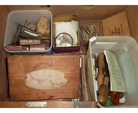 Large selection of various watch and clock makers tools and instruments in one box including hand tools, miniature vices, too