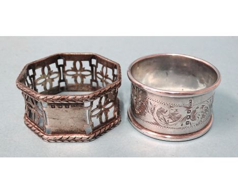 A silver napkin ring with pierced decoration and another silver napkin ring, Birmingham 1925, 1920, ___1.3oz, (2). 