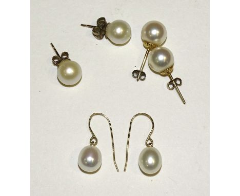 A pair of cultured pearl drop earrings and two pairs of cultured pearl studs, (3). 