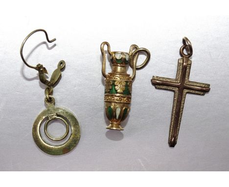 A small gold and enamel charm in the form of an urn, marked 'K18', 3.1g, a 9ct gold cross, 1.3g and a single gold earring, (t