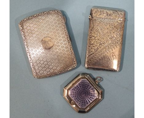 An engine-turned small cigarette case with foliate-chased borders, 9 x 6cm, Birmingham 1922, an engraved foliate card case, B