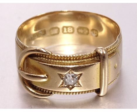 A Victorian 18ct gold buckle ring set old brilliant-cut diamond, size O, 5g. 