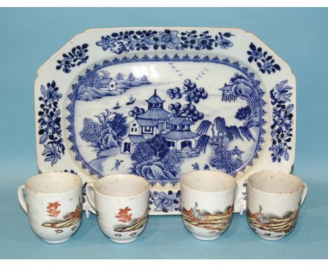 A Chinese octagonal blue and white export landscape dish and four famille rose tea cups decorated with waterfowl, (two cracke