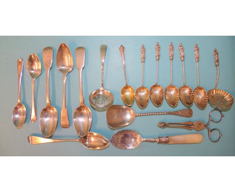 A quantity of Georgian and later small silver flatware: sugar nips, sifter spoons and teaspoons, weighable silver ___6.8oz an