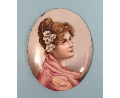 A porcelain miniature portrait of Lady Dunraven wearing flowers in her hair and a puce-coloured dress, titled and dated 1881 