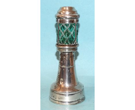 An Edwardian silver and green-glass-mounted novelty perpetual table lighter modelled as a lighthouse, by Grey &amp; Co, Londo