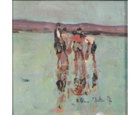 Ross Foster, 20th c - Figures Paddling,&nbsp;signed, oil on board, 19 x 19cm  Slight wear, generally good.