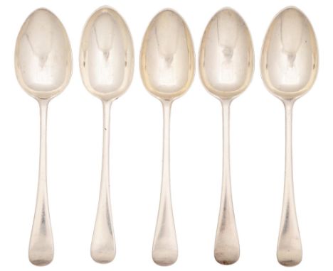A set of four Edwardian silver tablespoons, Old English pattern, by Robert Pringle &amp; Sons, London 1902 and one other, by 