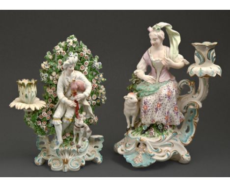 Two Derby candlestick figures of mandolin and bagpipe players, c1775, 22 and 20cm h, patch marks  Some typical damage and old