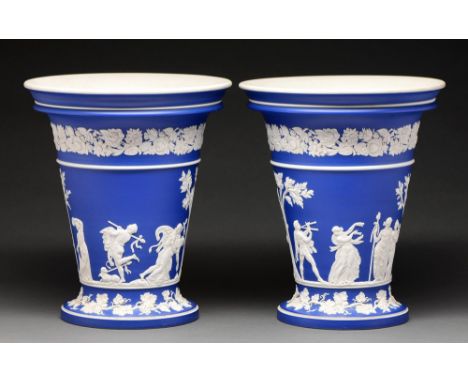 A pair of Wedgwood jasper ware vases of exhibition quality, c1860, in dark blue jasper dip and ornamented in white with figur