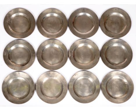 Coronation of George IV. Twelve pewter plates from the Coronation Banquet, 1821, engraved crown and G IV R cypher, 25cm diam,