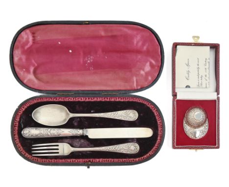 A Victorian silver christening set, of spoon, fork and knife, by Josiah Williams &amp; Co, London 1894 and a silver replica j