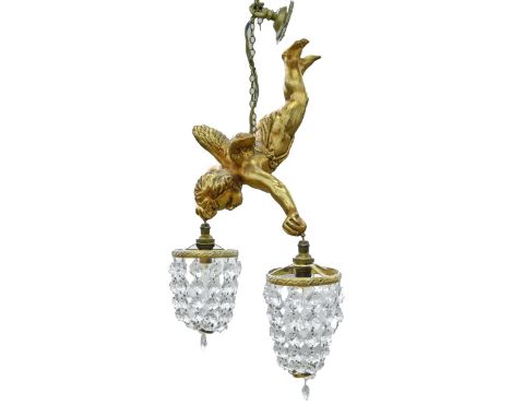 A gilt flying cherub figural hanging light, with faceted glass beads, figure 33cm h  Minor scratch; good condition