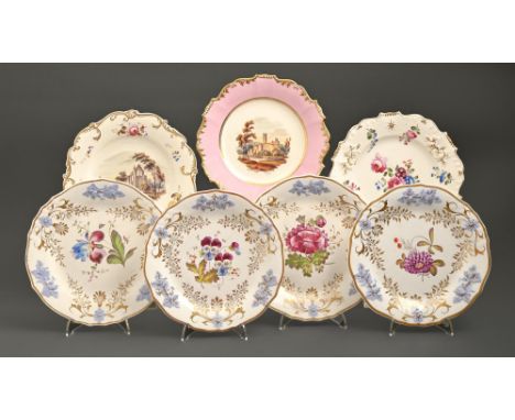 Three H &amp; R Daniel dessert plates, c1830, of Shrewsbury or Shell Border shape, painted with landscapes or flowers, 22cm d