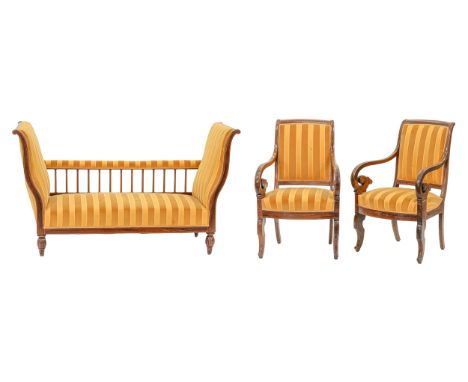 A French rosewood and line inlaid salon suite, 19th c, comprising scroll end couch and pair of armchairs (3)  Light wear, une
