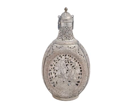 A Middle Eastern silver coloured metal encased glass dimpled flask and stopper, 20th c, chased and pierced with three scenes 