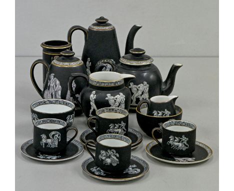 A group of F &amp; R Pratt and other matching black ground ‘Old Greek’ printed tea ware, 19th and early 20th c (20)  Mostly g