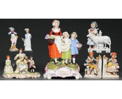 A German porcelain group of lavender gatherers, 20th c, 31cm h and six various smaller Continental groups and figures, includ