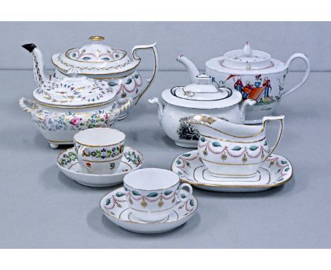 A group of late 18th and early 19th c English porcelain tea ware, to include two teapots and covers, two sugar boxes and cove