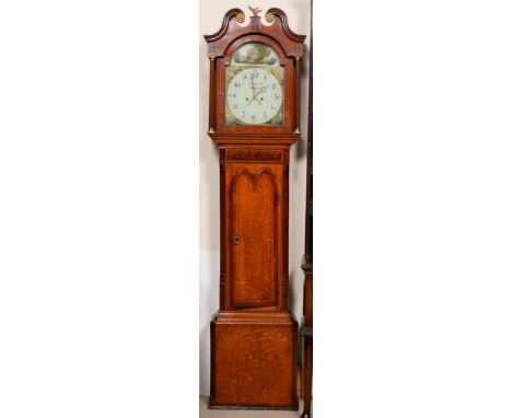 A George III eight day oak, mahogany and inlaid longcase clock, [Thomas] Bradley Ilkeston, the breakarched, painted dial with