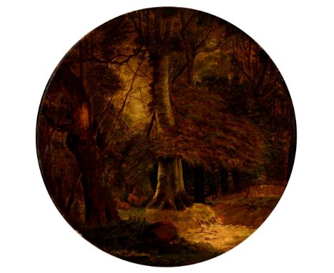 English School, 19th c - Woodland Scene,&nbsp;with a solitary figure and two deer, oil on board, feigned circle, 57 x 57cm, c