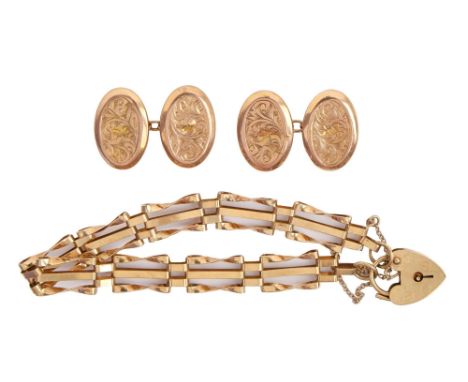 A 9ct gold gate bracelet and padlock, 13.5cm l and a pair of 9ct gold cufflinks, 10g (3)  Cufflinks slightly dented
