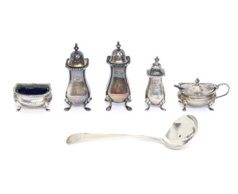 An Elizabeth II silver condiment set, pepperette 80mm h, by Adie Brothers Ltd, Birmingham 1954 and a George III silver sauce 