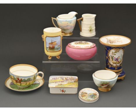 A group of Minton, Royal Worcester, Royal Crown Derby and Copeland bone china, early - mid 20th c, painted with landscapes or