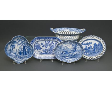 An English blue printed earthenware Grazing Rabbits pattern dish, early 19th c, 24cm l and four other contemporary blue and w