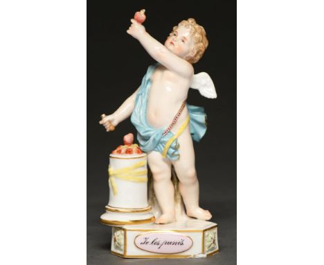 A Meissen figure of Putto forging hearts, c1900, after the original model by M-V Acier, 15cm h, incised F6, underglaze blue c