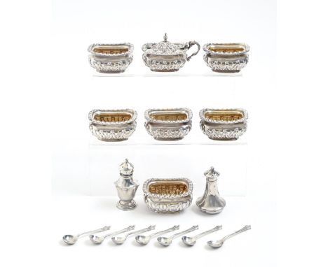 A set of six Victorian silver salt cellars and a mustard pot en suite, shaped oblong and stamped with water leaf decoration, 