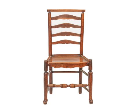 An English ash ladder back chair, c1830-40, with boarded seat and turned fore-stretcher  Good condition and of attractive col