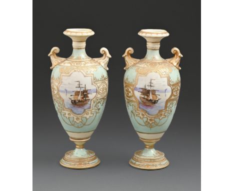 A pair of Noritake vases, c1930, painted with seascapes reserved on a light blue ground, 24cm h, printed mark  Typical wear t