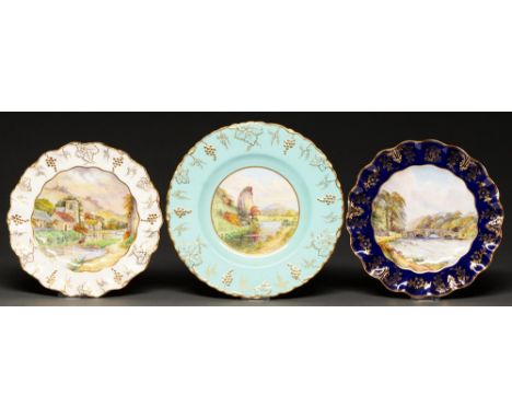 Three Royal Crown Derby plates, 1938 and circa, painted by W E J Dean, all signed, with landscapes, 25cm diam and smaller, pr