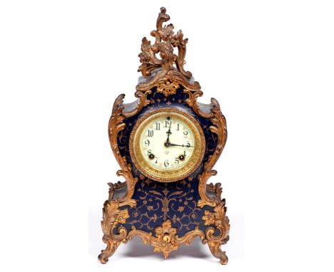 A North American 'Louis XV' gilt lacquered brass mounted blue and gilt iron bracket clock, Ansonia Clock Co New York, late 19