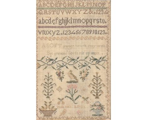 A George III linen sampler, Martha R...er, worked with bird, trees and flowers in zig-zag border, 20 x 12cm, rosewood frame  