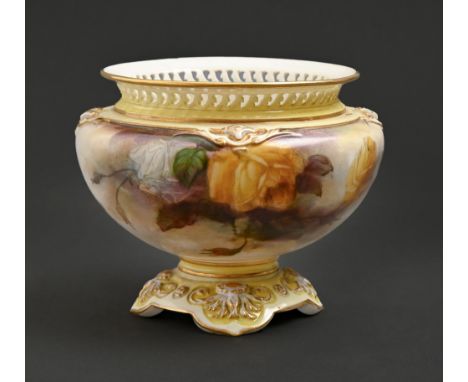A Royal Worcester vase, 1905,&nbsp;with reticulated rim and painted with Hadley roses between shaded yellow borders, 10cm h, 