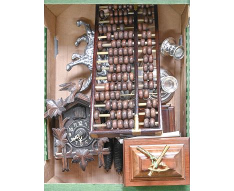 A walnut mantel clock, with brass and silver dial, 25cm h, another, smaller, a black forest cuckoo clock, an abacus, miscella