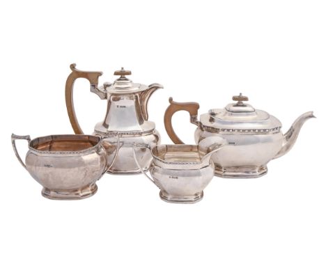 A George V four-piece silver tea service, lidded jug 20cm h, by Cooper Brothers &amp; Sons Ltd, Sheffield 1935 and 1936, 54oz