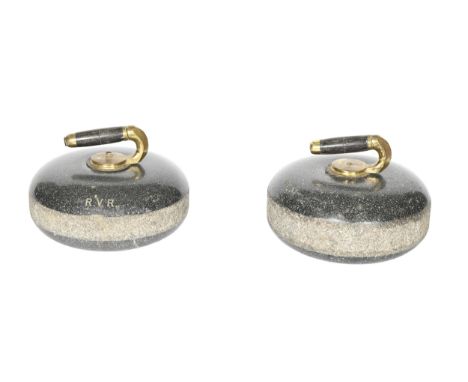 Two Scottish curling stones, late 19th / early 20th c, with brass and ebony handle, inscribed W. M. or R. V. R.  Good conditi