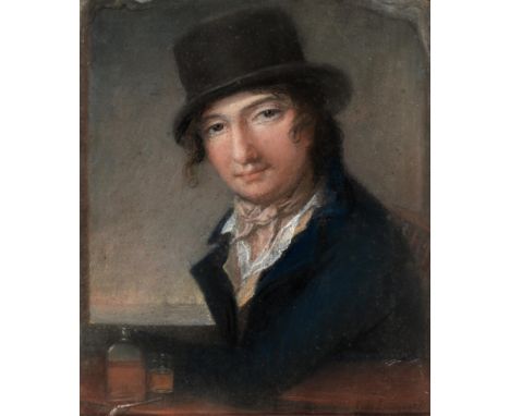 L de Longastre (c.1747 - after 1806)&nbsp;- Portrait of a Young Man, in a blue coat and black hat, with a bottle and glass, s