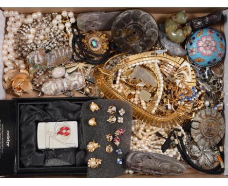 Miscellaneous costume jewellery, to include Chinese carved stone articles and a boxed commemorative Zippo lighter  