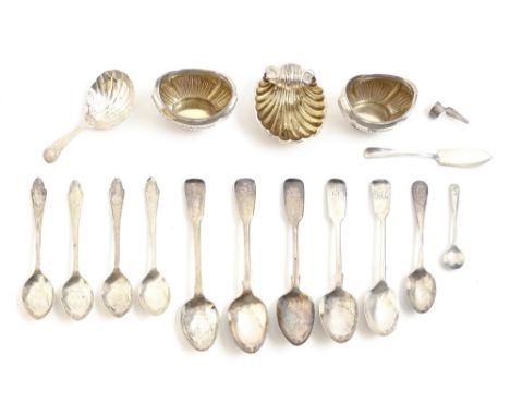 A George III silver caddy spoon, engraved Old English pattern with shell bowl, maker's mark rubbed [London] 1792, one and a p