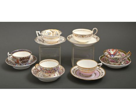 A Coalport fluted white and gilt teacup and saucer, c1820, saucer 15cm diam, printed Society of Arts mark and five other cont