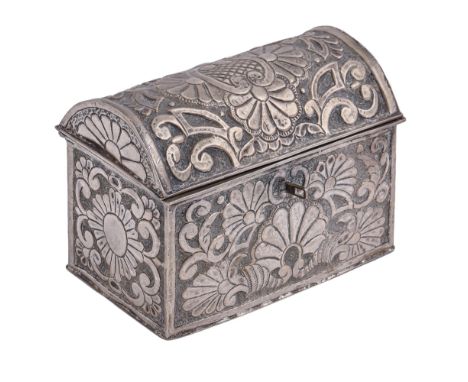 A silver coloured metal repoussé casket, 19th c, the lid and sides decorated with stylised flowers and shells, 18.5cm l  Some