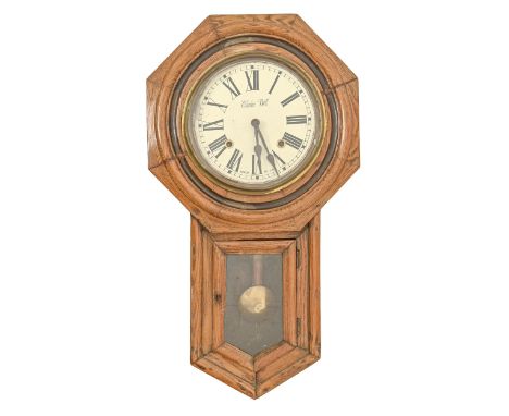 A North American softwood trunk dial wall clock, early 20th c, pendulum, 58cm h  