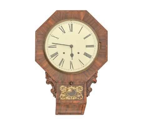 A North American rosewood and mahogany trunk dial wall clock, late 19th c, pendulum, 62cm h  Some restoration