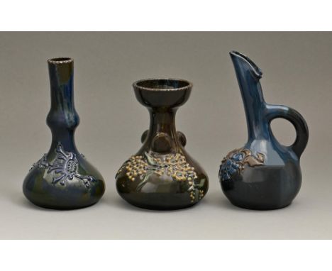 Two Elton ware vases and a ewer, c1900, ewer 19cm h, painted Elton  