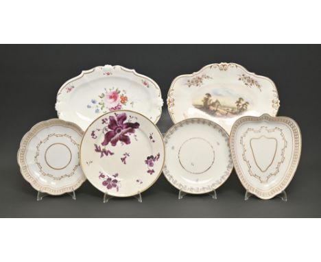 Five Derby dessert plates and dishes and a saucer dish, c1800-30,&nbsp; one dish painted with a landscape with figures by a s
